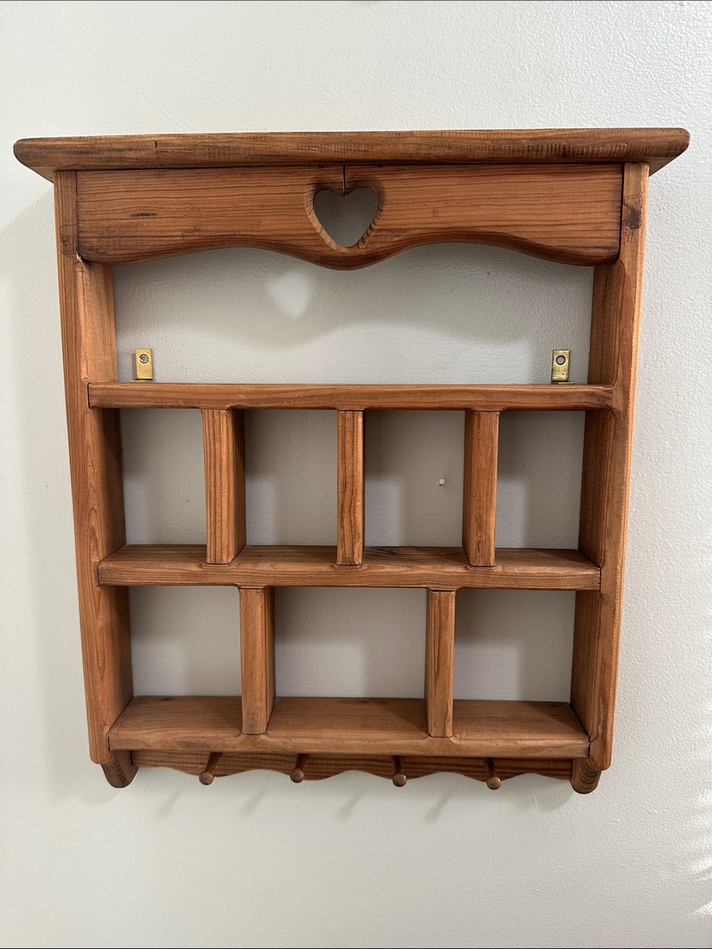 Vintage Pine Wood Shadow Box Display Shelf Heart Curio With 4 Hooks Wall Hanging